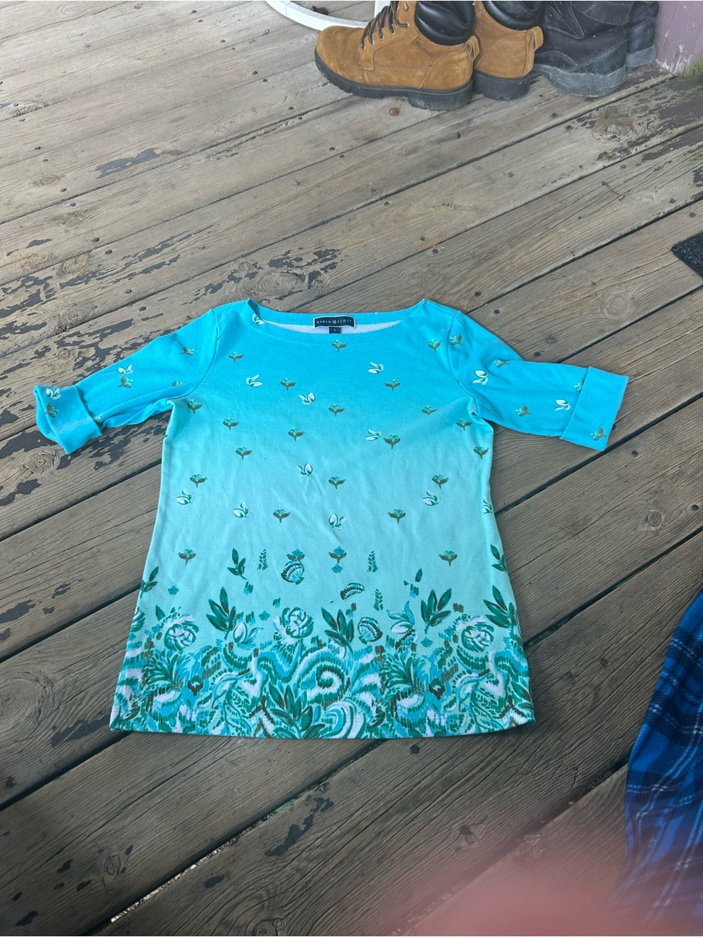 Karen Scott Turquoise Floral Ombre Tee